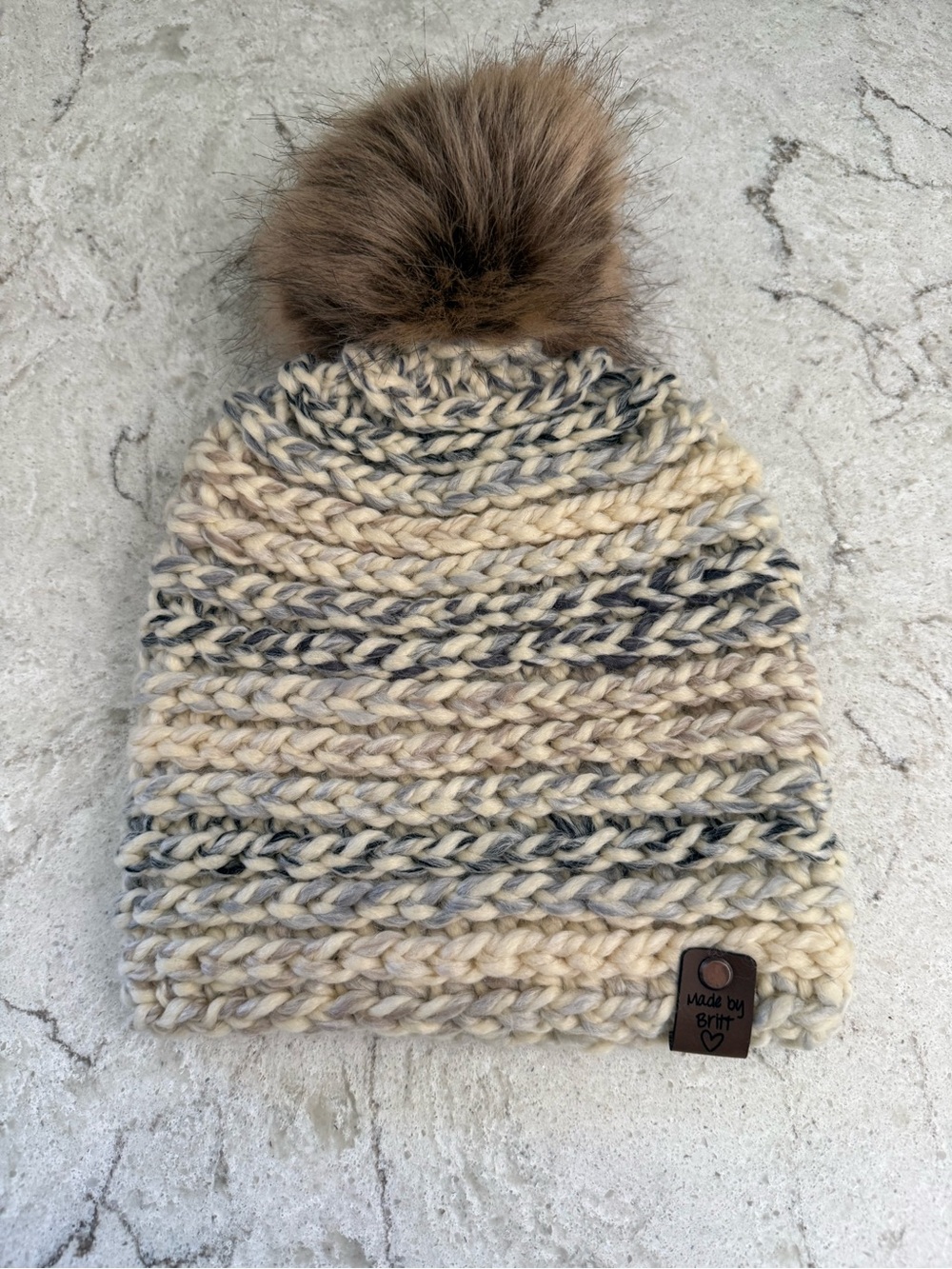 Adult Chunky Crochet with Removal Pom Beanie in Cream, Gray & Tan
